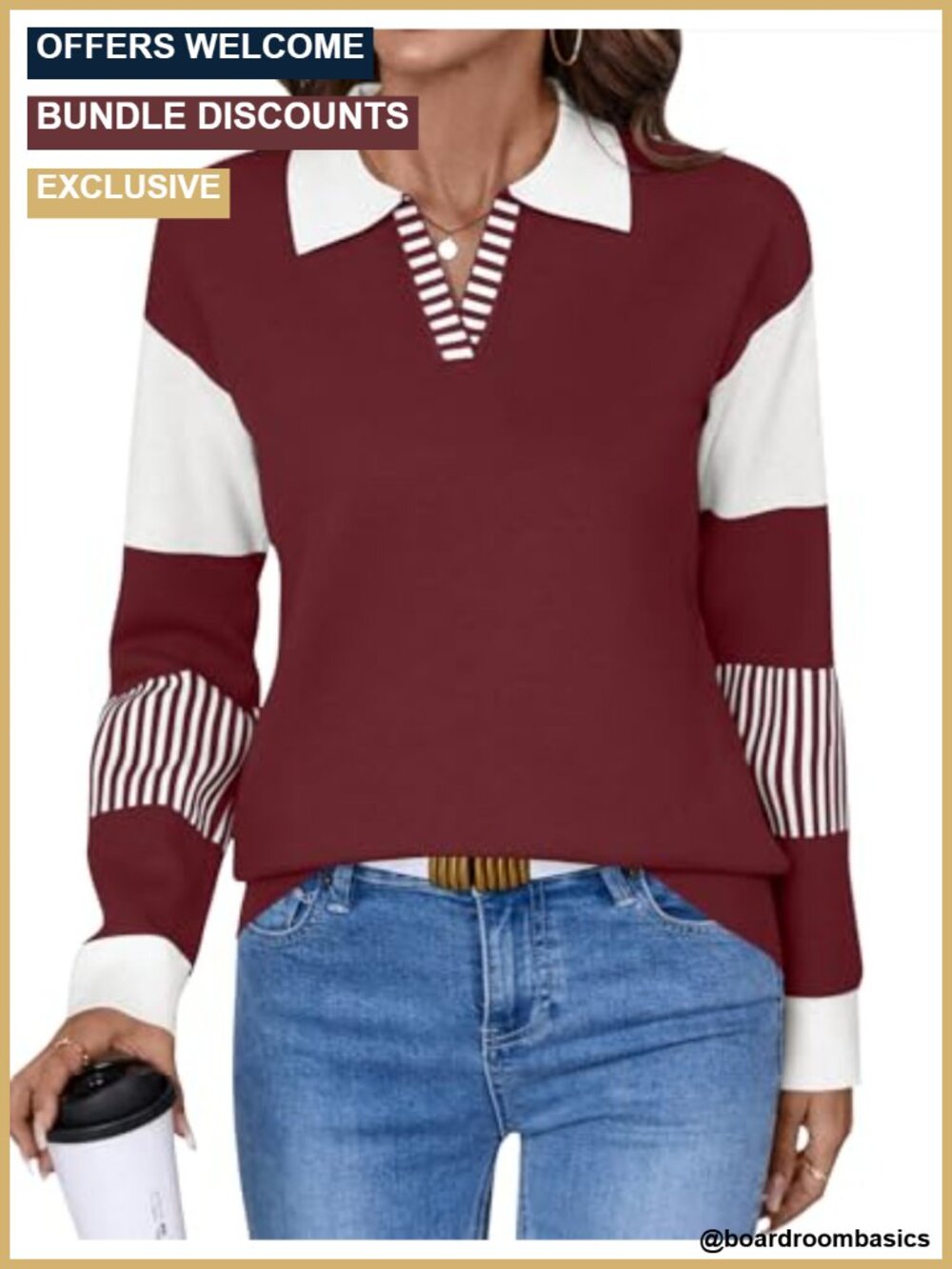 V Neck Long Sleeve Loose Sweater Striped Knitted Pullover Jumper Top